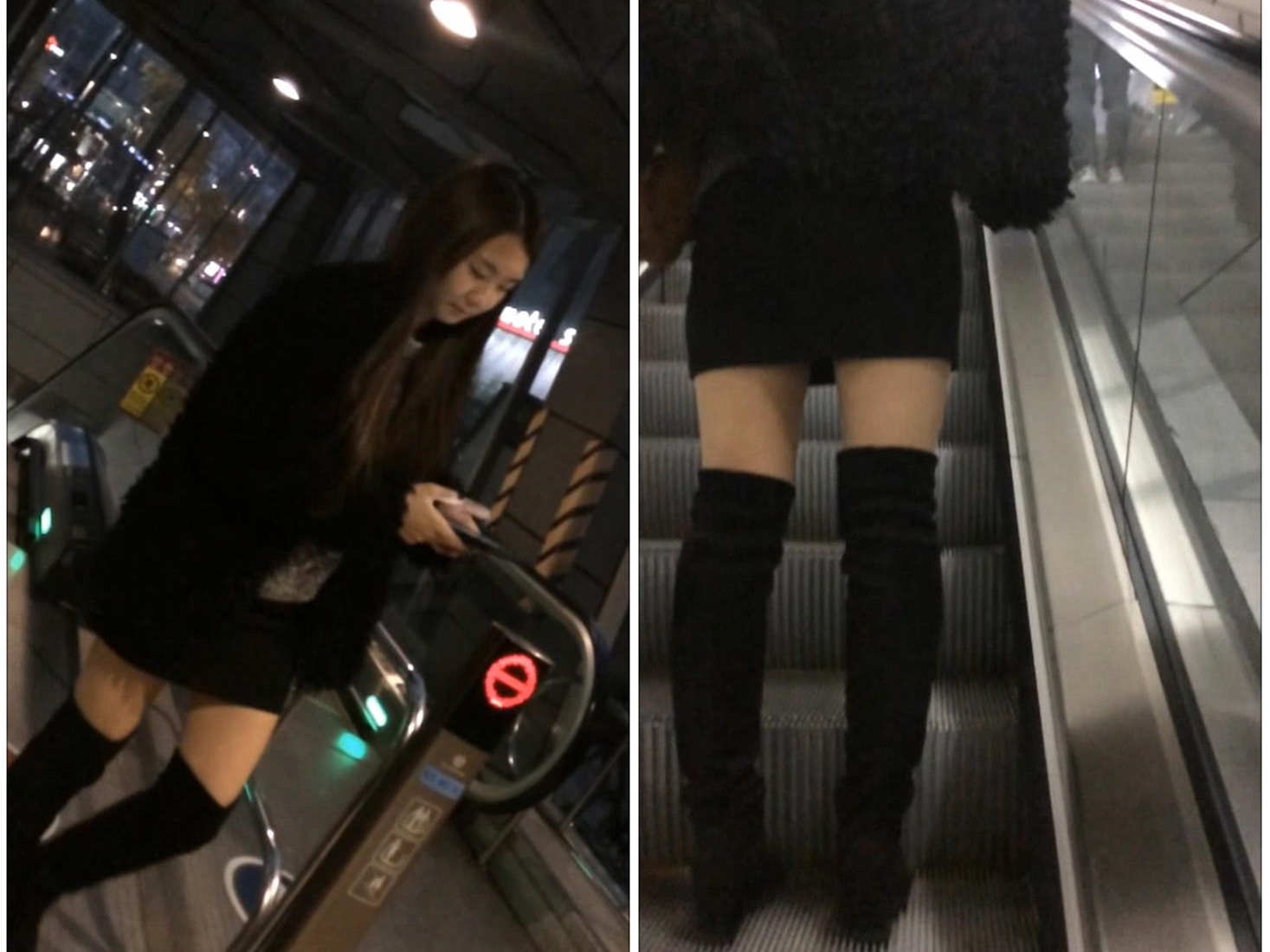 电梯上抄底只顾看手机的韩国小姐姐